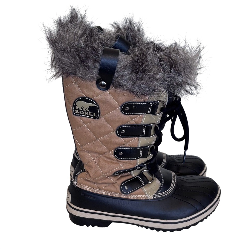 Sorel Womens Tofino Cate Boots 7.5 Tan Black Quilted Faux Fur Waterproof Winter